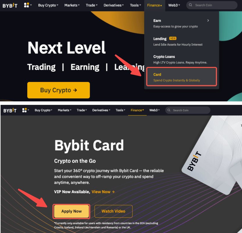 Official Bybit screenshot showing Finance then Card and Apply Now